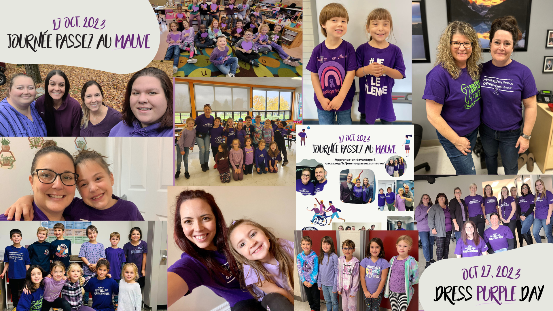 A mosaic featuring photos of people, community partners and schools dressed in purple for Dress Purple Day.