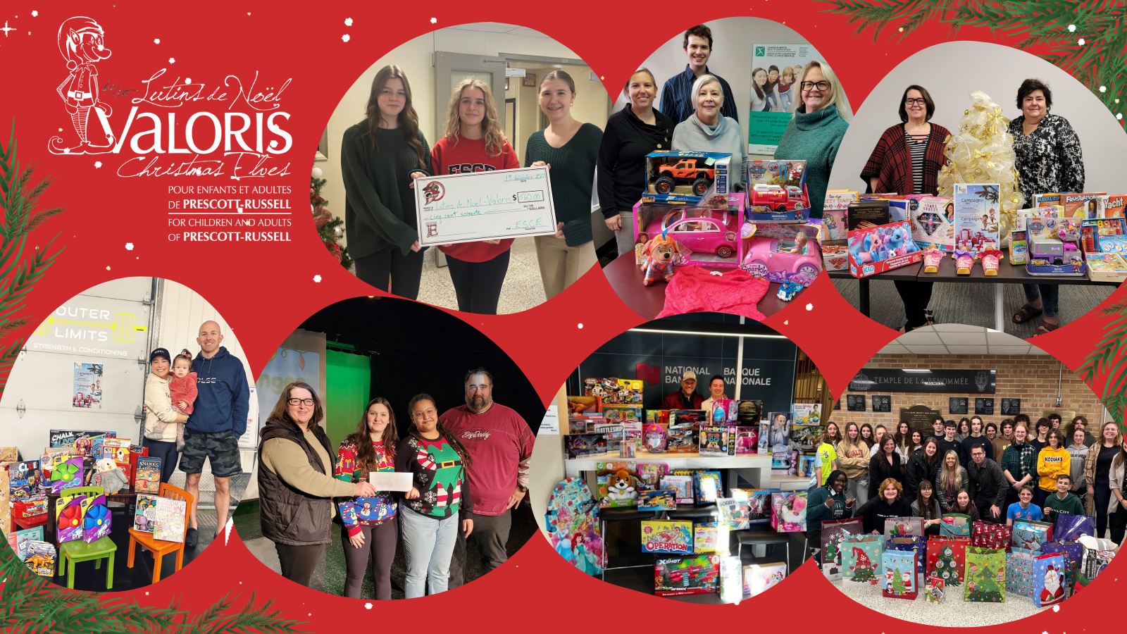 Photo montage with several community partners and community members surrounded by gifts given to children and teenagers for the Valoris Christmas Elves Campaign.