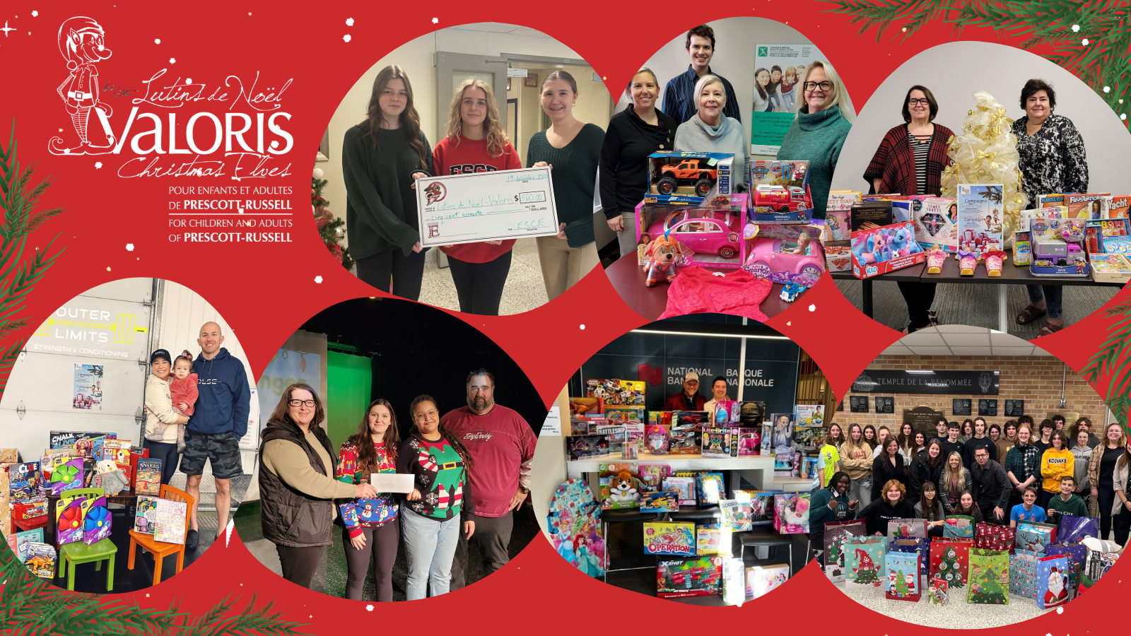 Montage photo avec plusieurs partenaires communautaires et membres de la communauté entouré de cadeaux offerts aux enfants et adolescents pour la campagne de Lutins de Noël de Valoris.