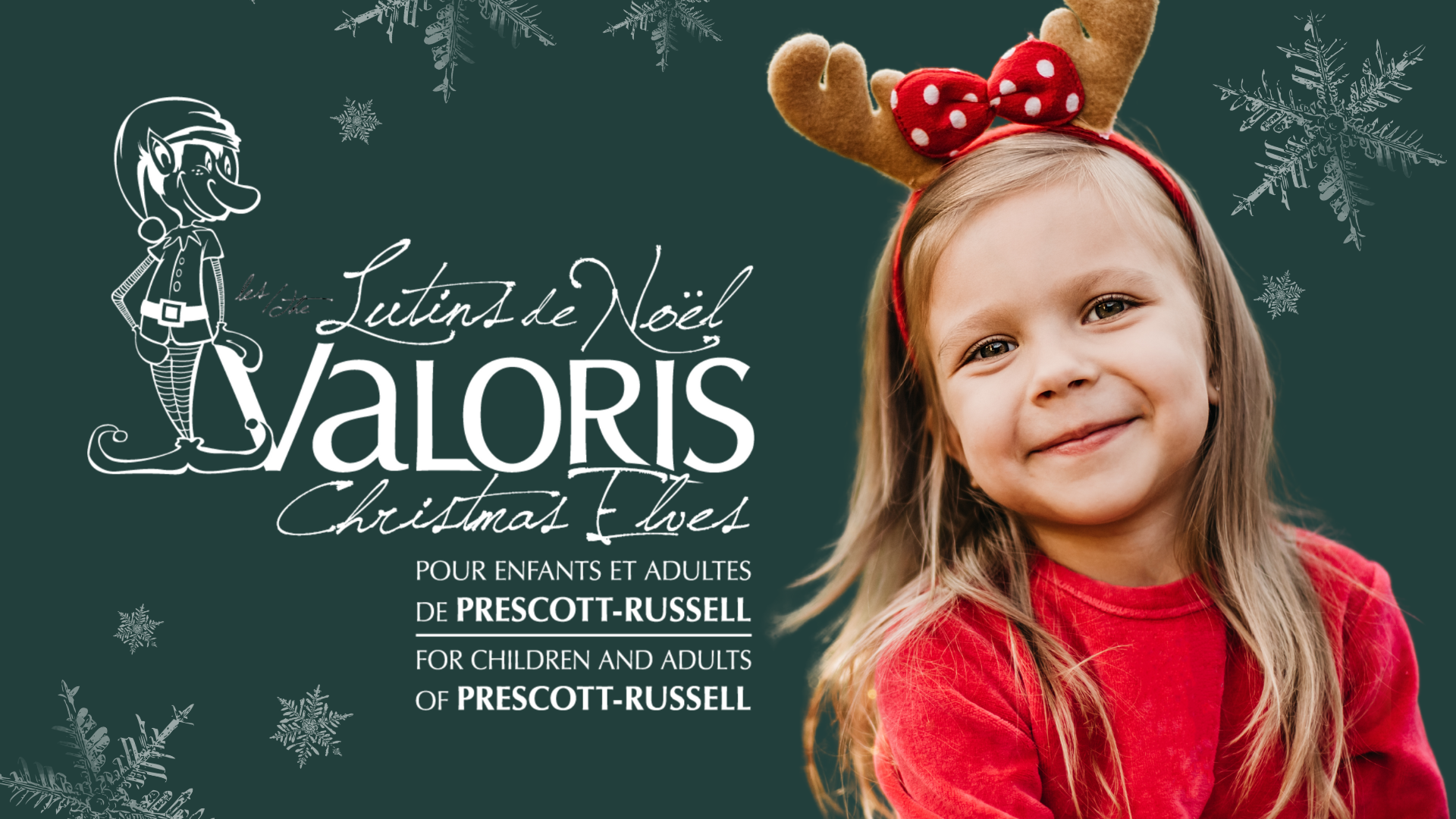 Photo of a child dressed as an elf accompanied by the Valoris Christmas Elves Campagin logo.